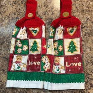 Vintage CHRISTMAS Festive Red and Green Holiday Kitchen Towels handmade crochet